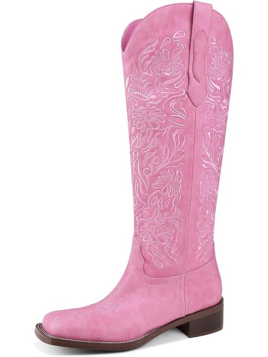 Shoes - Women's Pink Embroidered Cowboy Boots Knee High Low Block Heel Comfortable